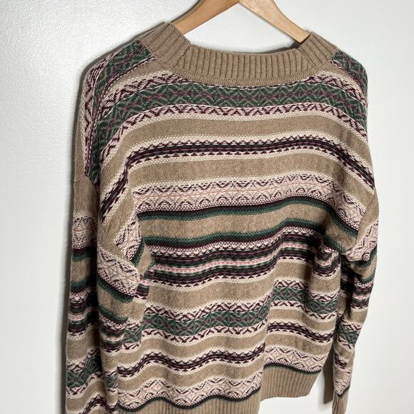 Faherty Highland Fair Isle Sweater Woens Medium Brown Stripe V Neck Wool Blend - Picture 7 of 10